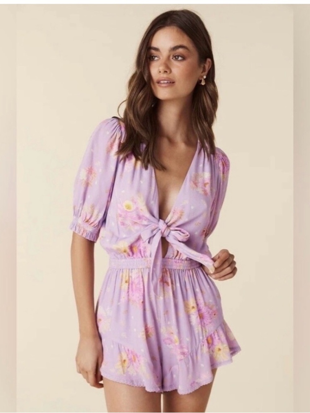 Spell Lei Lei Tie Front Romper NWT XS Lilac Floral Boho - Picture 2 of 7